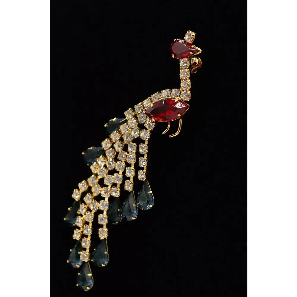Vintage Crystal Peacock Pin Brooch Prong Blue Pink Rhinestone Gold NOS 1980s 9B